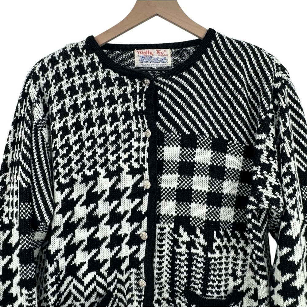 Vintage Tally Ho Boxy Cardigan Sweater Black White Houndstooth Chevron Buttons M - Picture 3 of 7